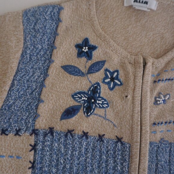 Alia Beige Blue Embroidered Floral Knit Zip Up Cardigan Sweater Large - Picture 13 of 14
